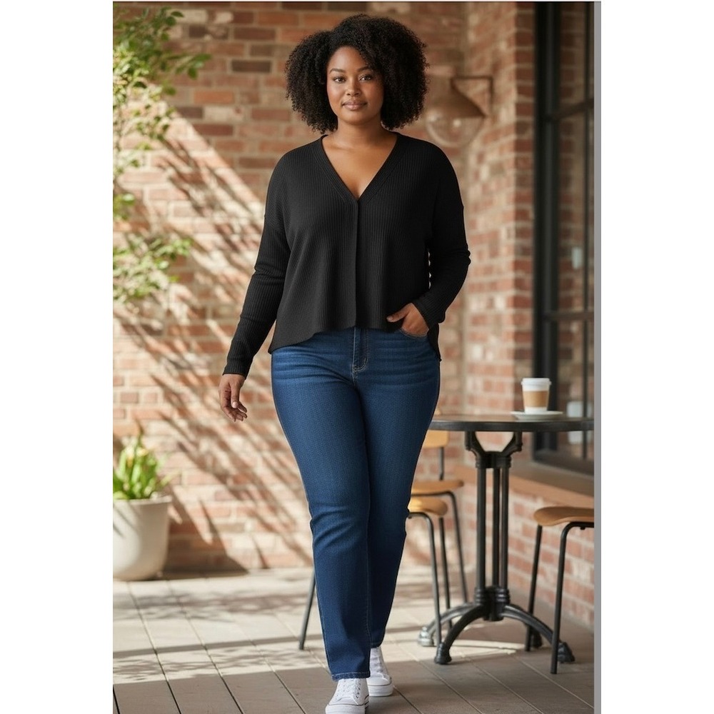NEW OGL Black Ribbed Knit V-Neck Long Sleeve Split Front Top Size 2XL Minimalist
